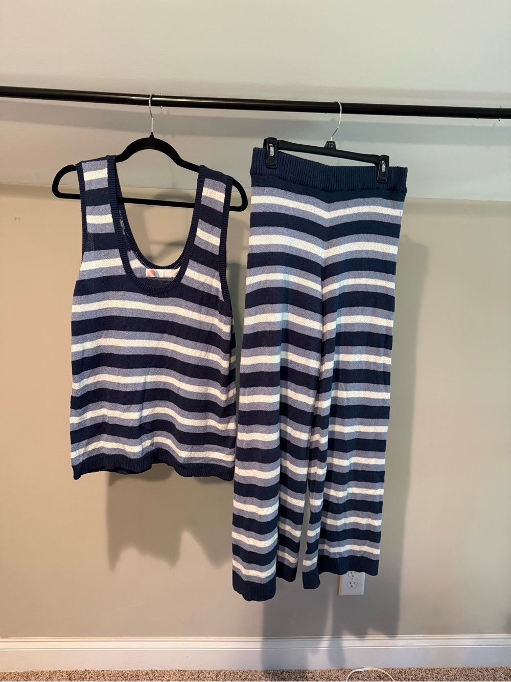 Free People Beach Navy & White Striped Knit Tank and Wide-Leg Pants Set